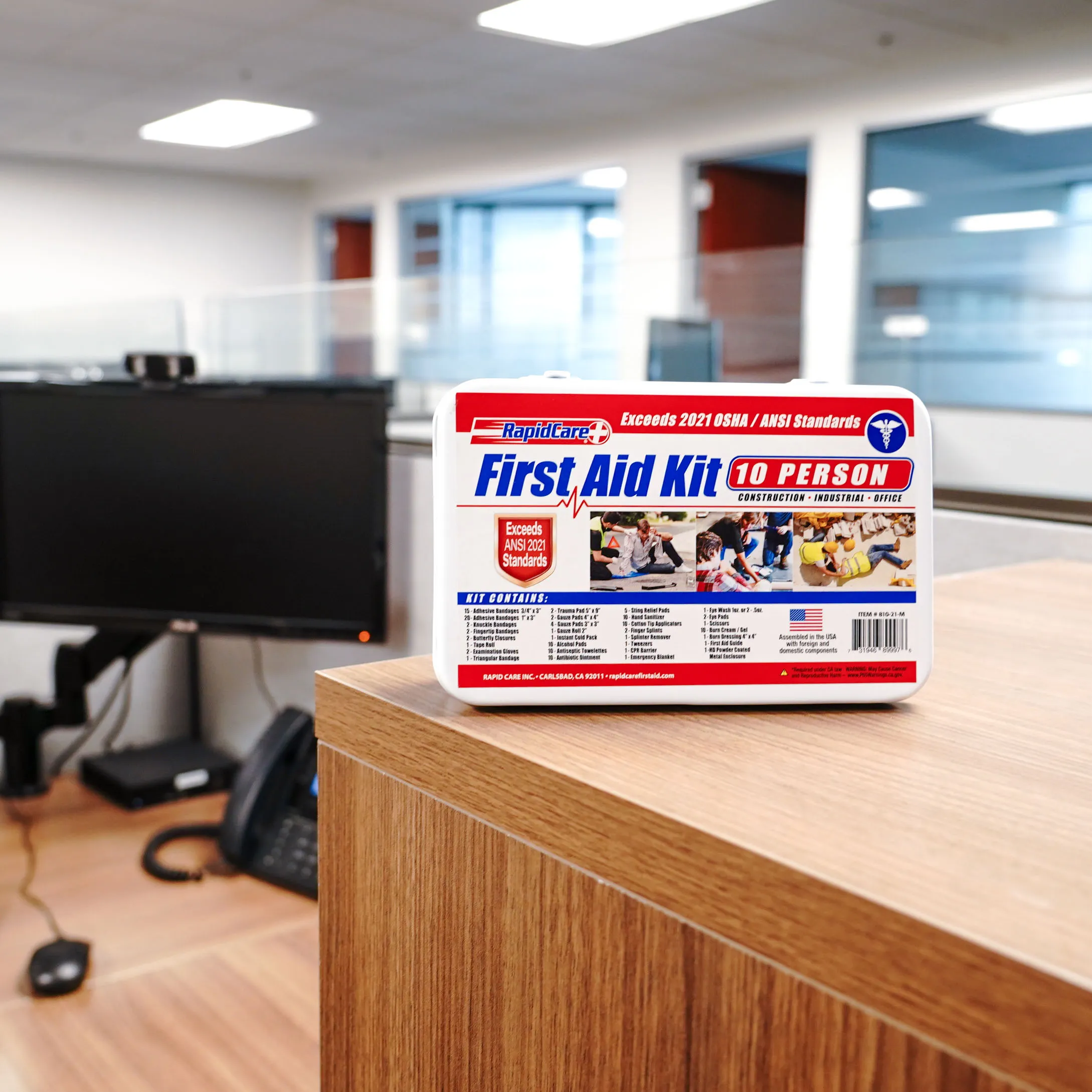 First aid kit on an office desk