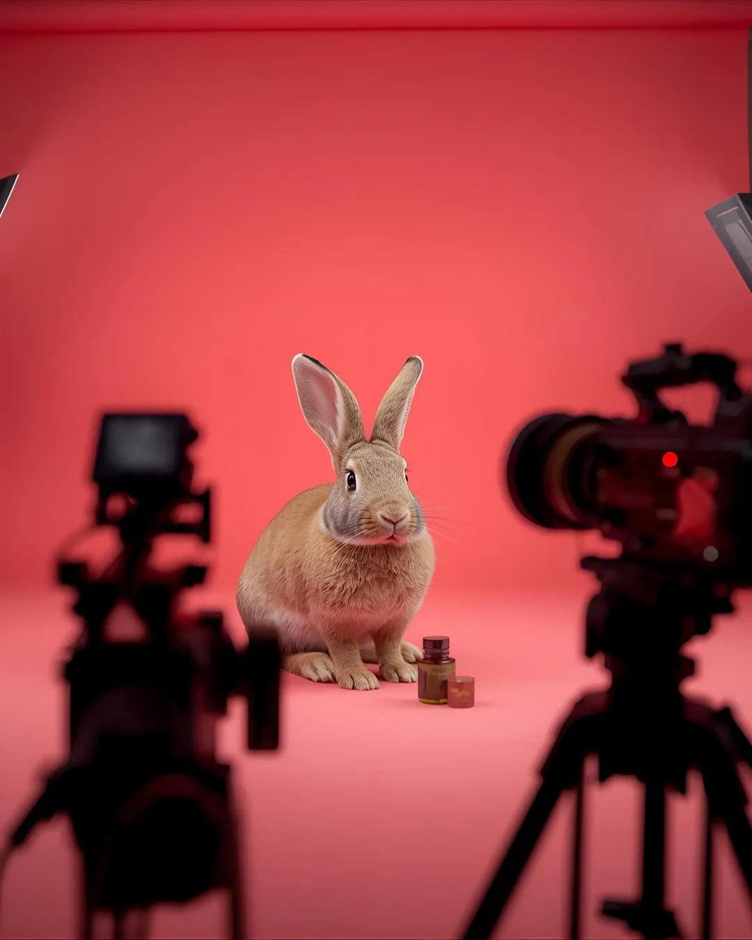 A rabbit on a film set surrounded by cameras