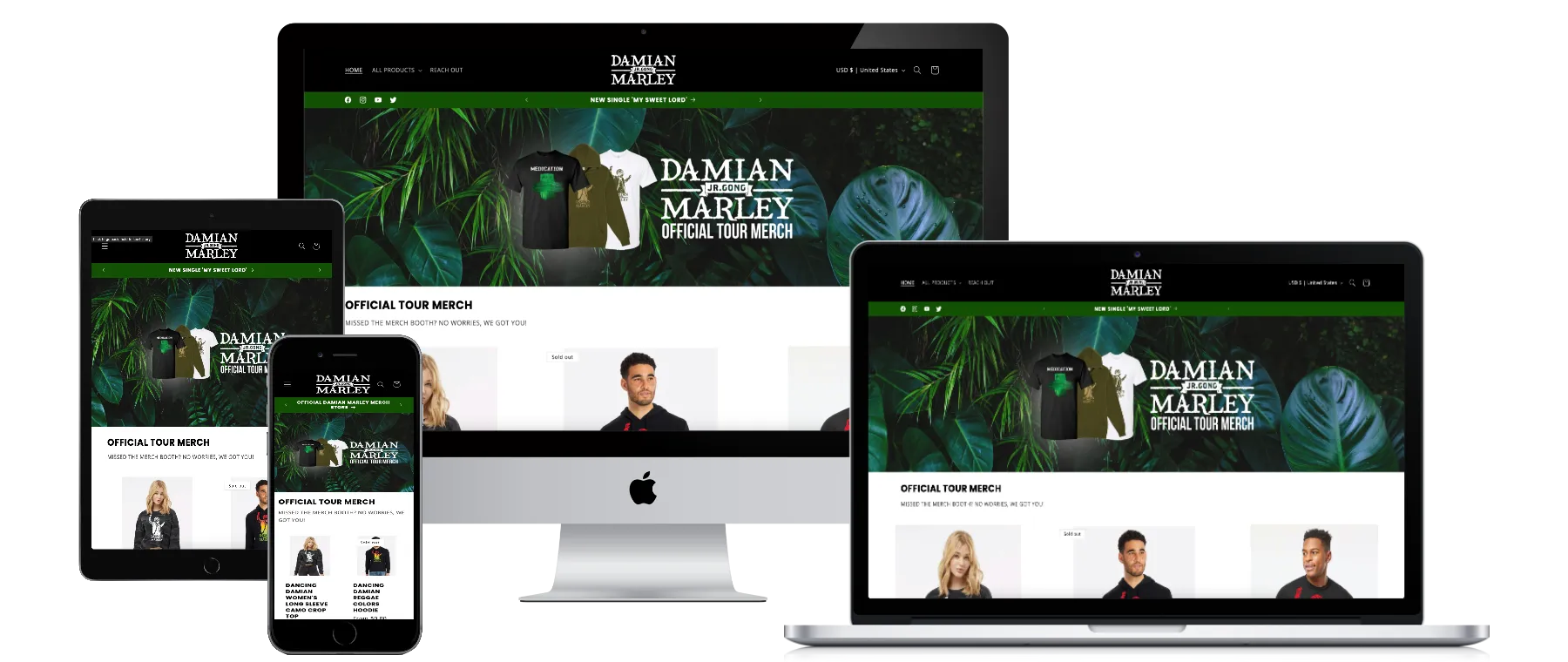 Damian Marley merch store shown on desktop, laptop, tablet and phone