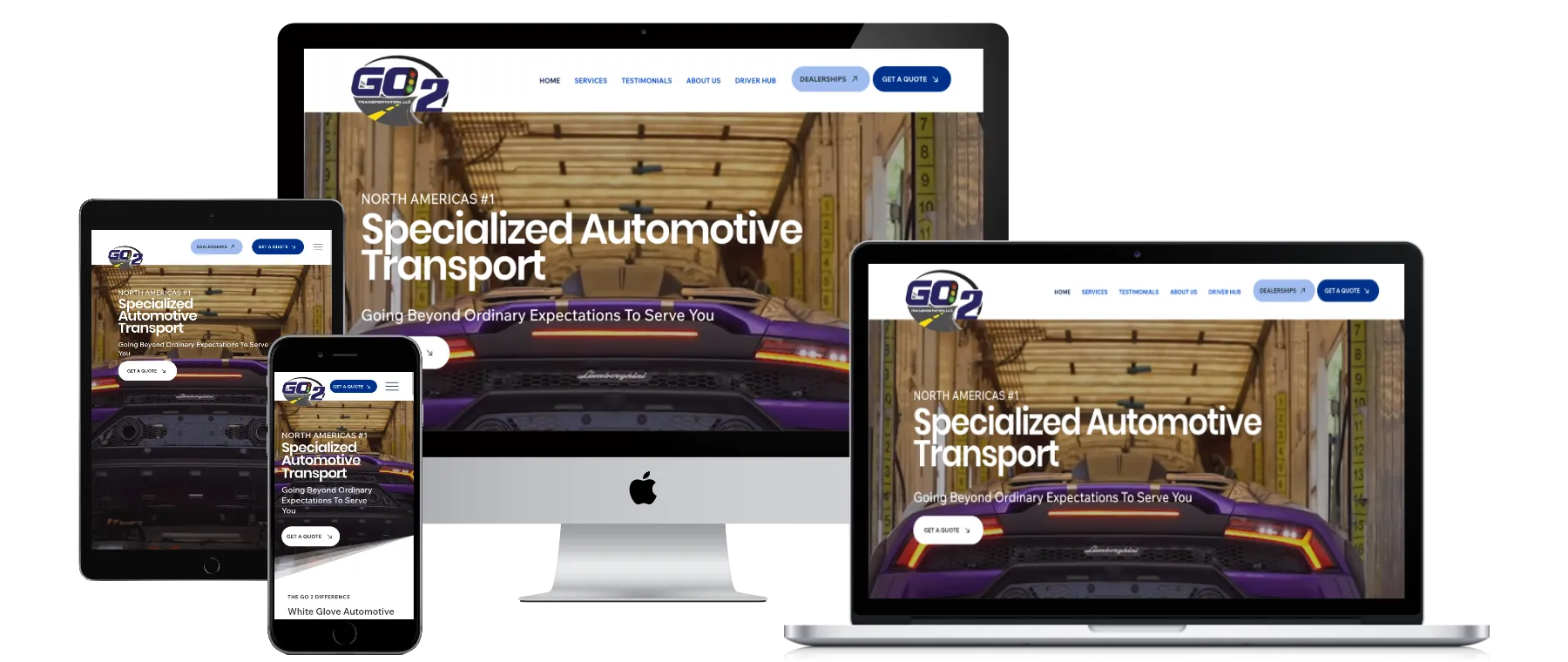 Go2 Transportation specialized auto transport website shown on multiple devices