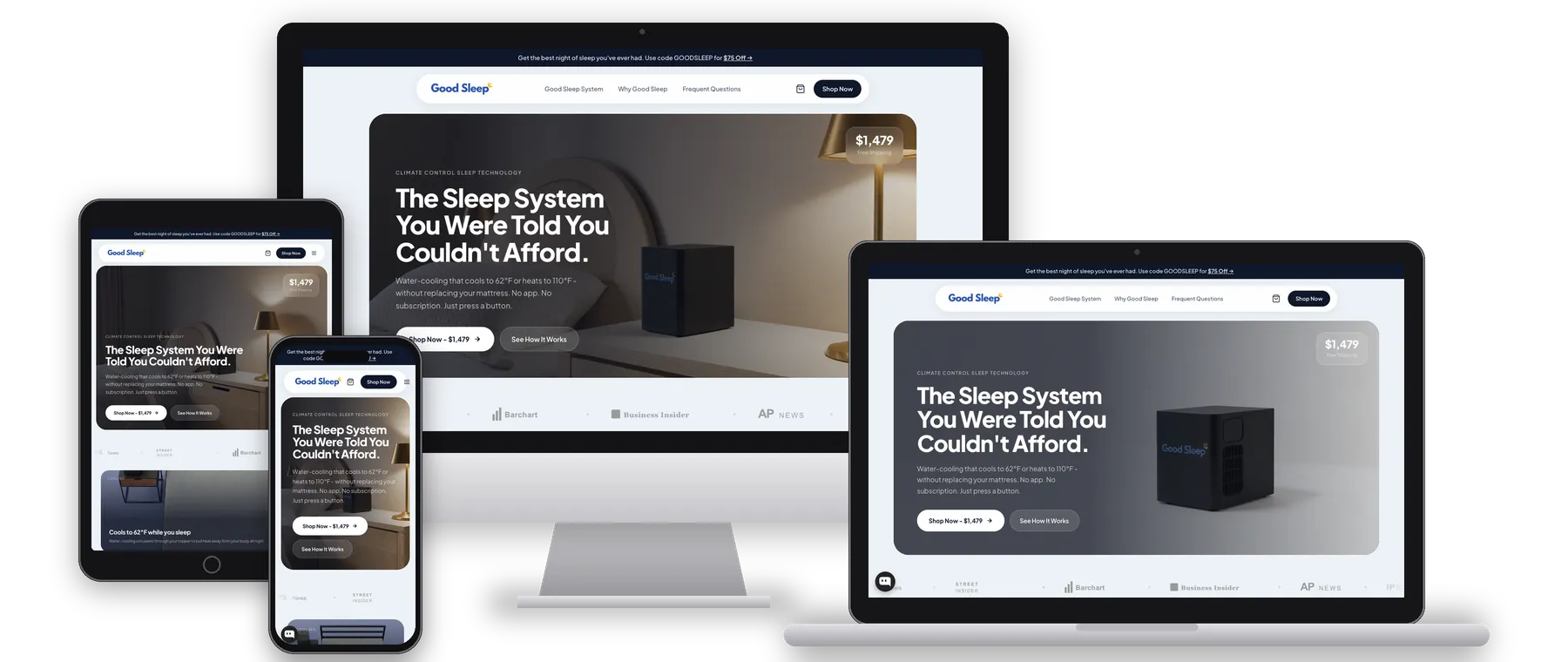 Good Sleep bed cooling and heating system store shown on desktop, laptop, tablet and phone
