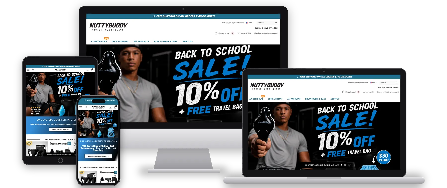 NuttyBuddy athletic cup store shown on desktop, laptop, tablet and phone