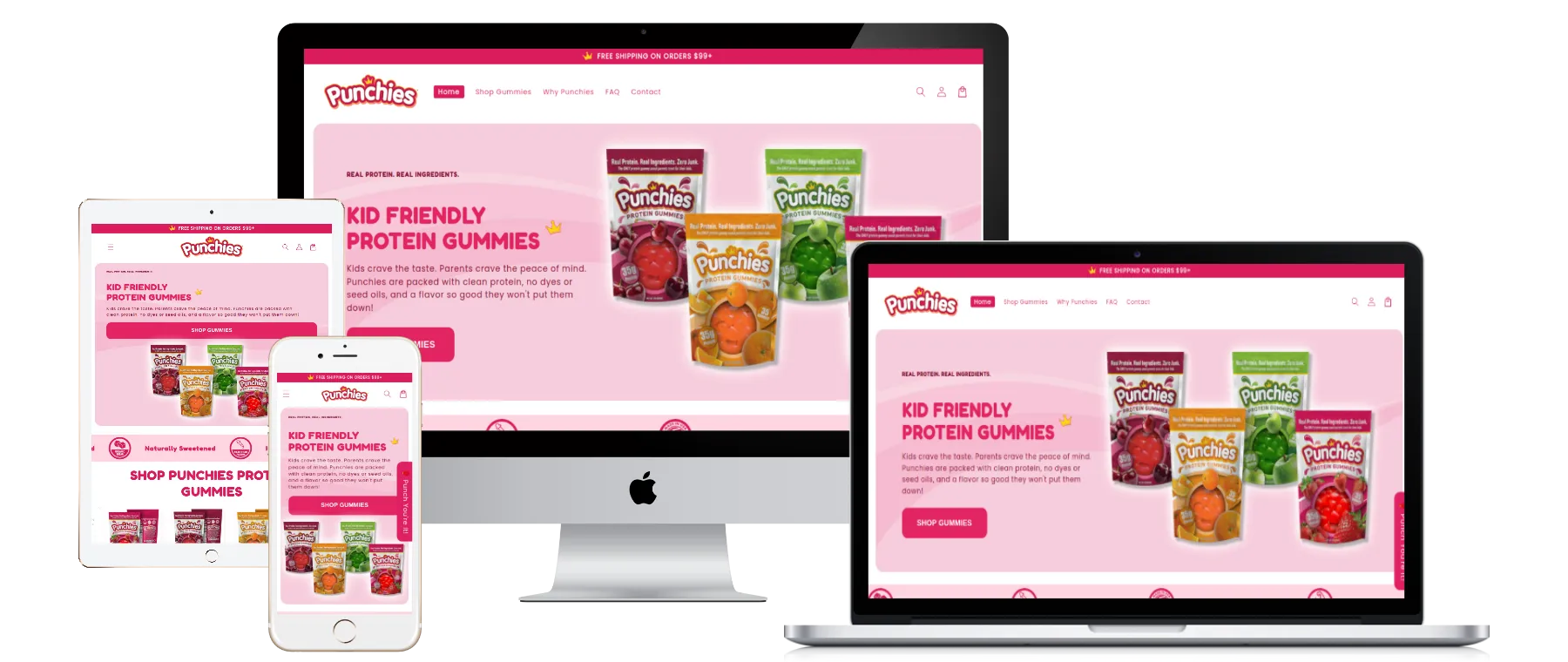 Punchies protein gummies store shown on multiple devices