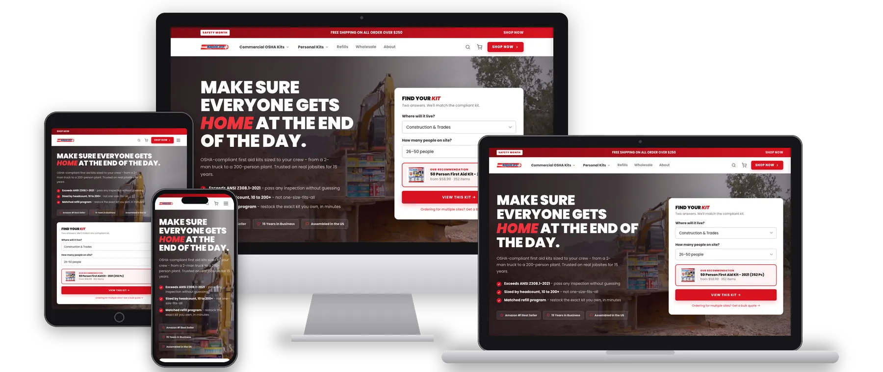 Rapid Care First Aid OSHA first aid kit store shown on desktop, laptop, tablet and phone